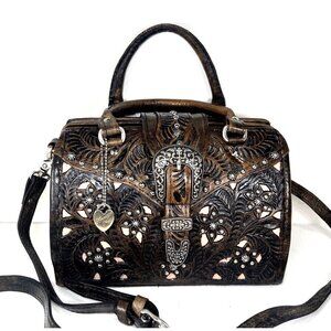 American West Brown Tooled Structured Leather Doctor Satchel Shoulder Bag w/Flaw